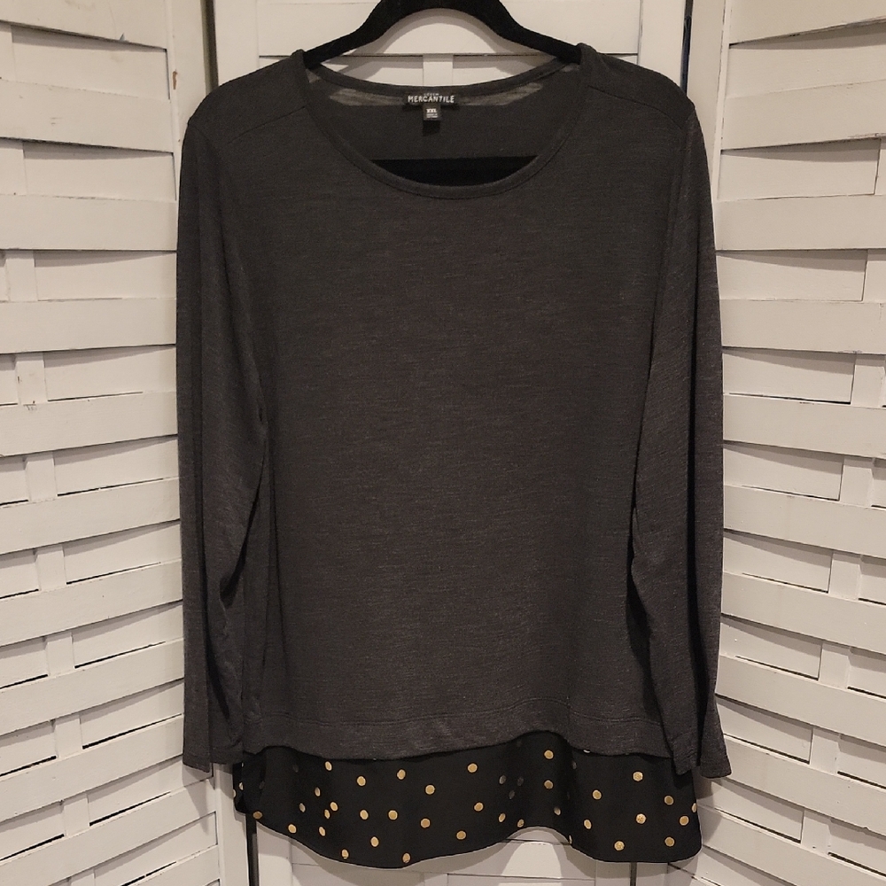 J. Crew Black Heather Gray Long Sleeve Top With Gold Polka Dots Size XXL